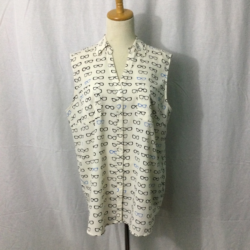 Talbots Nantucket Sleeveless V-Neck Eyeglasses Print Blouse Sz XLp